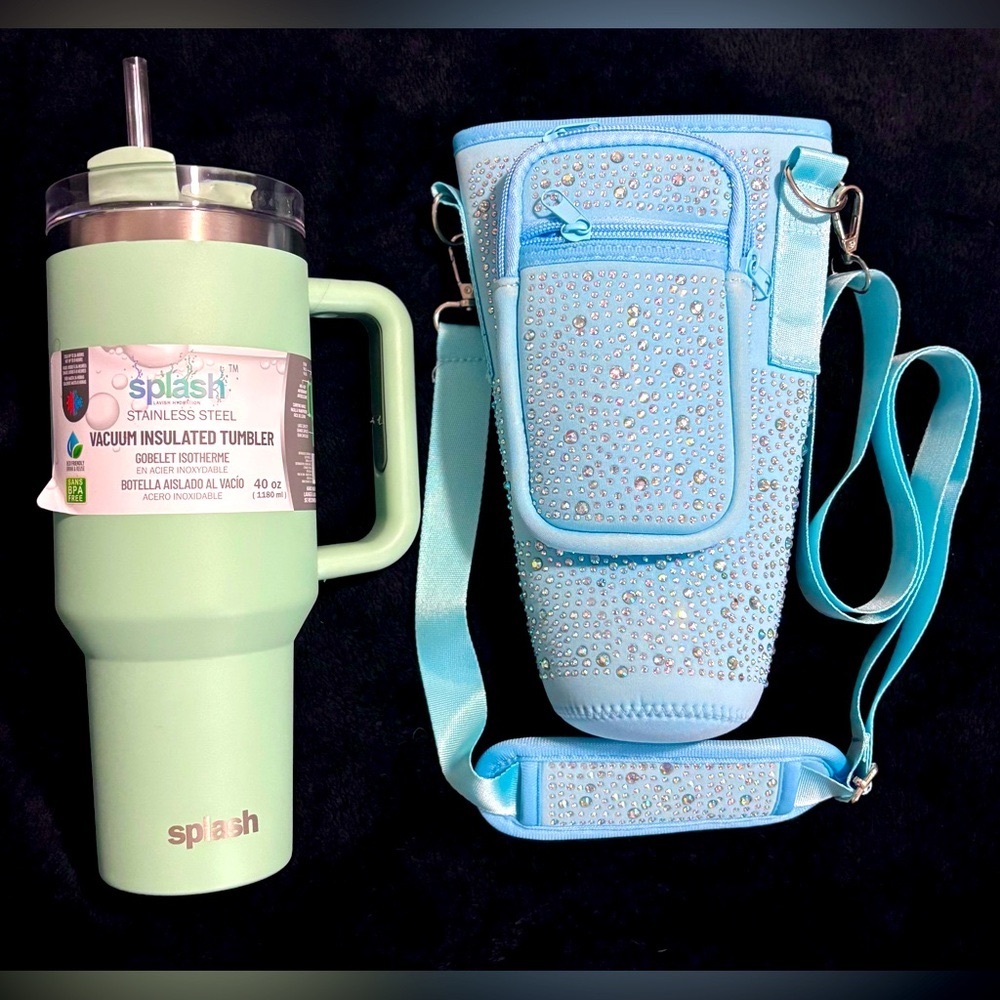 40oz Stainless Steel Tumbler with handle. And sleeve with adjustable straps.